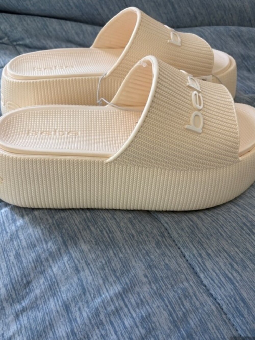 NEW BEBE Monique Nude White Logo Platform Slide Sandals Sz 9